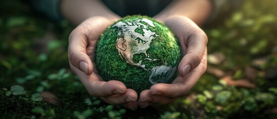 Hands holding a miniature moss-covered Earth globe.