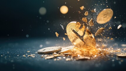 Business downturn, fragmented graphs and scattered coins, illustrating economic challenges and financial instability