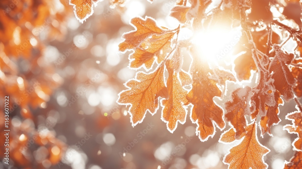 Poster sunlit frost-covered oak leaves on a branch in autumn.