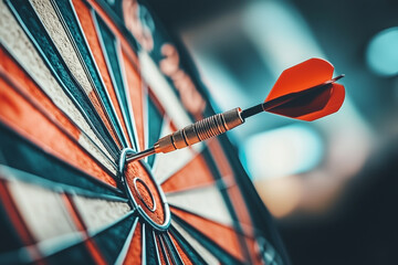 Close-up of a dartboard with a dart perfectly hitting the bullseye