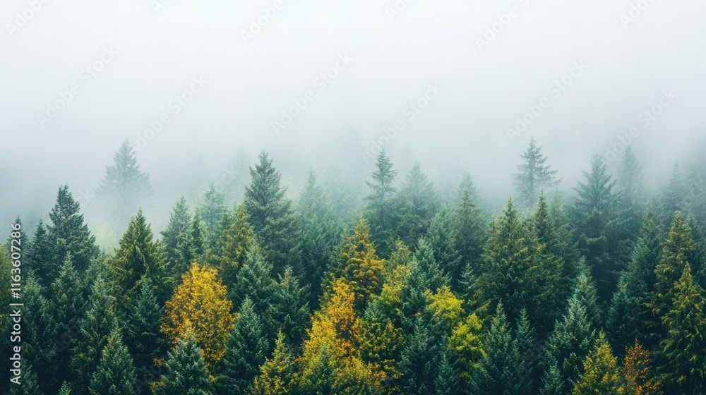 Aufkleber misty autumn forest with evergreen and deciduous trees. (1)
