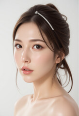 Young Female Model - Beautiful Woman with Perfect Features - Perfect Smooth Skin and Dark Brown Hair in a Bun - Brown Eyes and Plump Lips - White Top - Fashion, Cosmetics, Profile Portrait