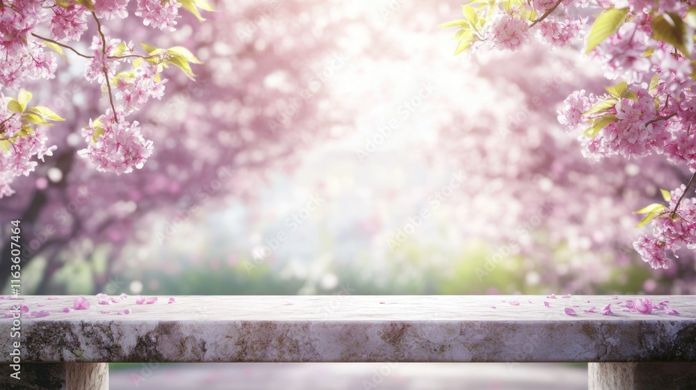 Poster empty marble table with blooming cherry blossom trees in background.