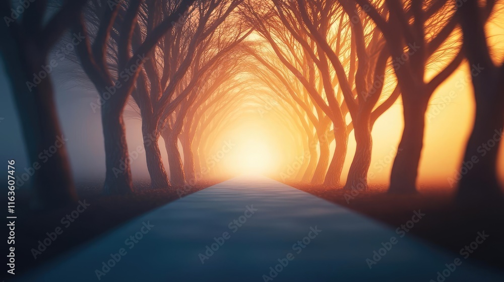 Poster mystical trees concept. a serene path lined with trees, leading to a bright light at the end of the 