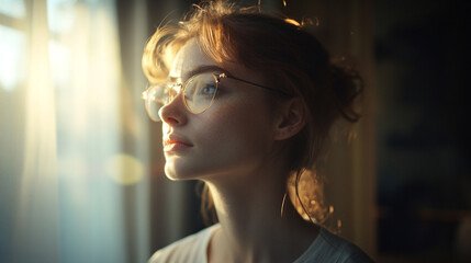 Naklejka premium Young woman gazing thoughtfully while sitting by a window during golden hour