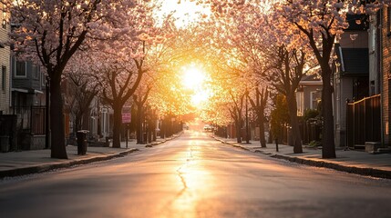 Springtime Serenity, vibrant city street adorned with blooming trees, picturesque houses, inviting atmosphere of renewal and charm
