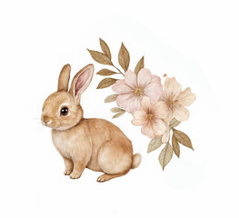 Watercolor Illustration of Hares with Floral Accents