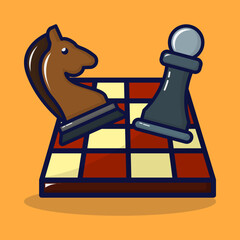 Chessboard icon with chess pawn and knight. Strategy and tactics game concept. Lineal color style isolated on premium design. Flat cartoon vector illustration. 