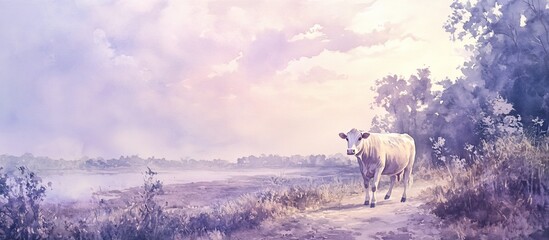 Pastel landscape with cow at sunrise.