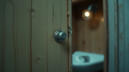 Obraz premium A weathered wooden door with a metal knob, slightly ajar, revealing a blurred interior with a sink and a soft light