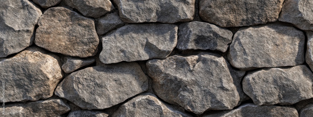 Poster close-up of a rustic stone wall texture, showing various sizes and shades of gray and brown stones.