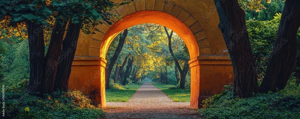 Poster mystical trees concept. a serene pathway through an arched structure surrounded by vibrant greenery.