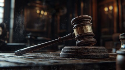 Gavel on Wooden Surface: Justice, Law, and Courtroom Symbol