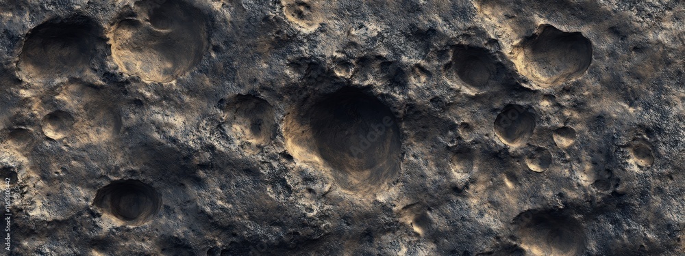 Poster close-up of a dark, cratered rock surface, showing texture and detail of many holes.