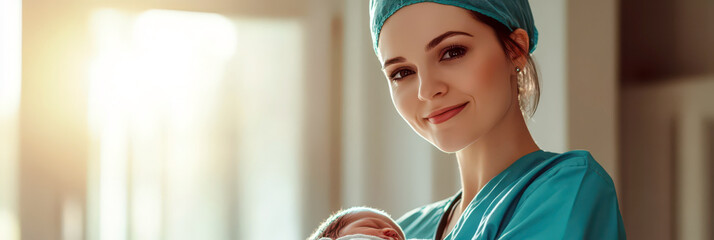 Celebrating International day of the midwife with caring professionals and new beginnings. Smiling nurse in medical uniform with a baby in her arms on a sunny background. Horizontal banner. Copy space