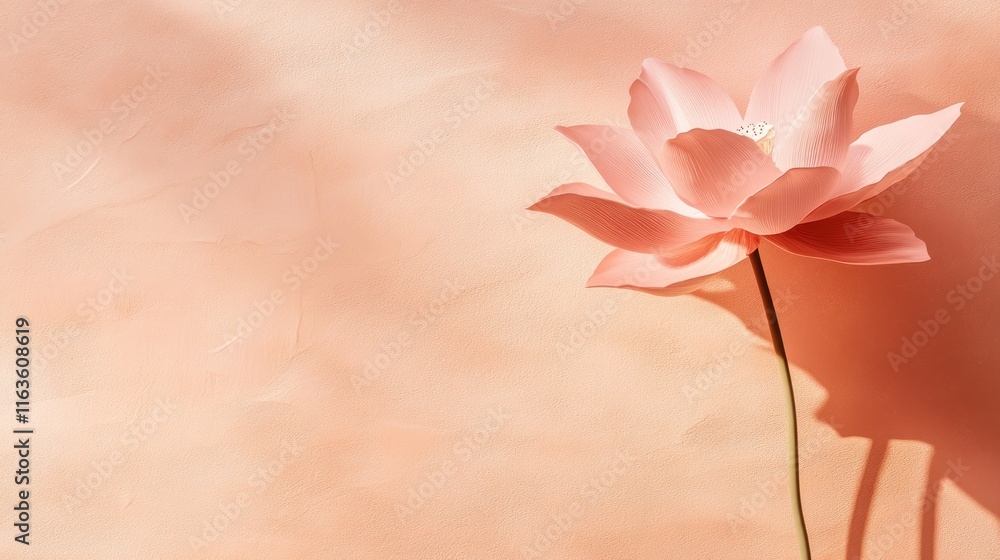 Poster peach-colored lotus flower on a peach background with sunlight and shadow.