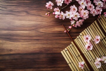 Obraz premium Serene Springtime: Bamboo Placemat with Cherry Blossoms and Chopsticks