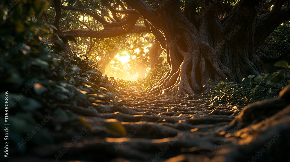 Poster sunlight filters through trees in a peaceful forest pathway at dusk