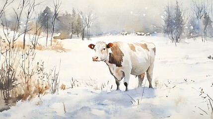 Peaceful winter scene featuring a cow in a snowy field. Watercolor painting of a cow standing in a snow-covered landscape with trees in the background.