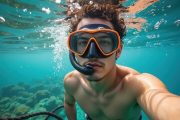 Fototapeta premium Young Man Underwater with Snorkel and Mask in Clear Tropical Ocean