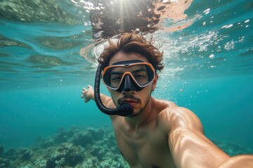 Naklejka premium Underwater Adventure of a Male Snorkeler with Diving Gear