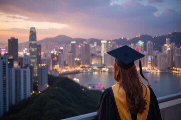 Graduate in Cap and Gown Overlooking City Skyline at Sunset