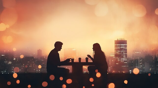Urban balcony romance, couple enjoying coffee at dusk, city lights glowing, soft evening sky, warmth and togetherness in a cozy atmosphere