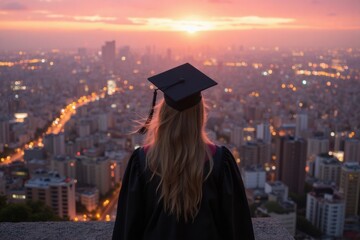 Graduate in Cap and Gown Admiring Sunset Over Cityscape
