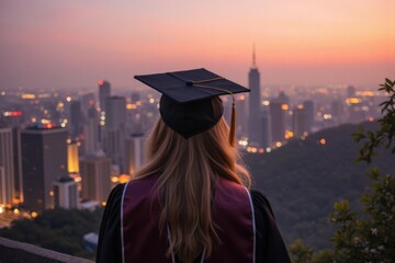 Graduate in Cap and Gown Overlooking City Skyline at Sunset