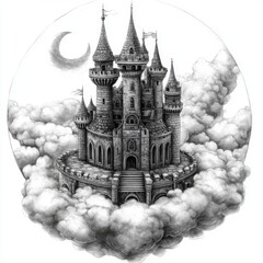 Obraz premium Fairytale castle in clouds, crescent moon, pencil sketch.