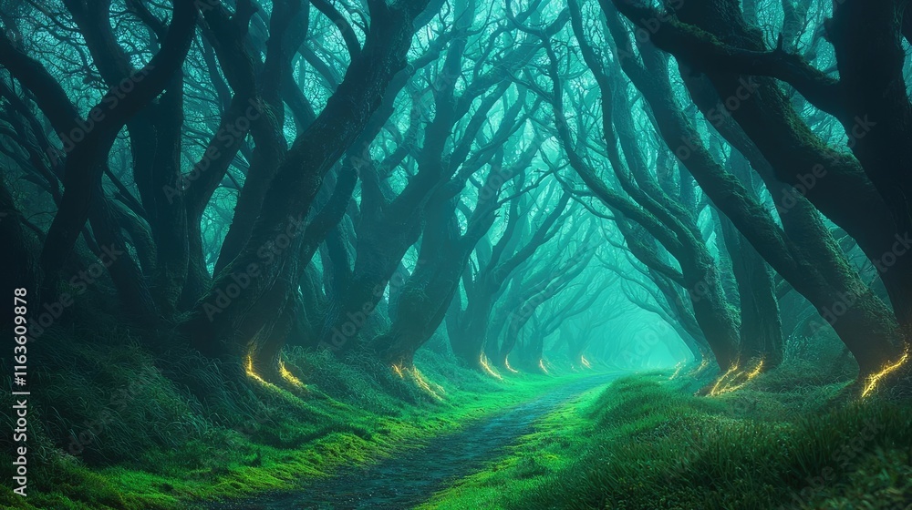 Poster mystical trees concept. a mystical forest path surrounded by dark, twisted trees and ethereal glowin