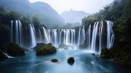 Naklejka premium Mystical serene idea. Breathtaking waterfall surrounded by lush green mountains and serene blue waters.