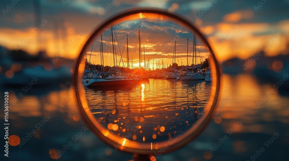 Poster glistening sunset reflecting on the harbor through a circular lens creating an enchanting view of sa