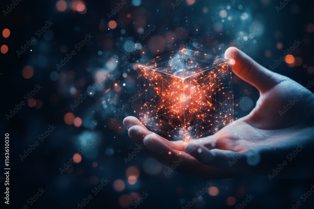 Poster digital innovation: a hand holding a glowing cube of connected data points, representing technologic