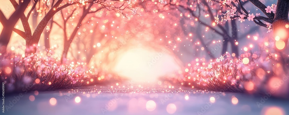 Poster mystical trees concept. a serene path illuminated by pink blossoms and soft light, creating a dreamy
