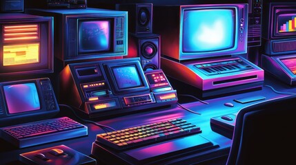 Retro 80s Synthwave Workstation: A vibrant digital art depicting a nostalgic 1980s computer setup with glowing neon colors and vintage technology.