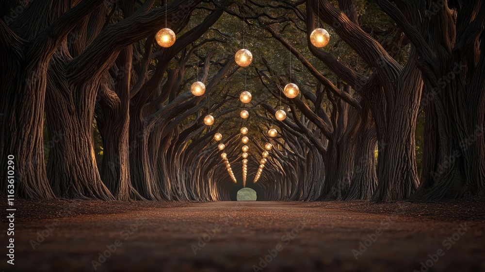 Poster mystical trees concept. a serene pathway through illuminated trees creates a magical atmosphere.
