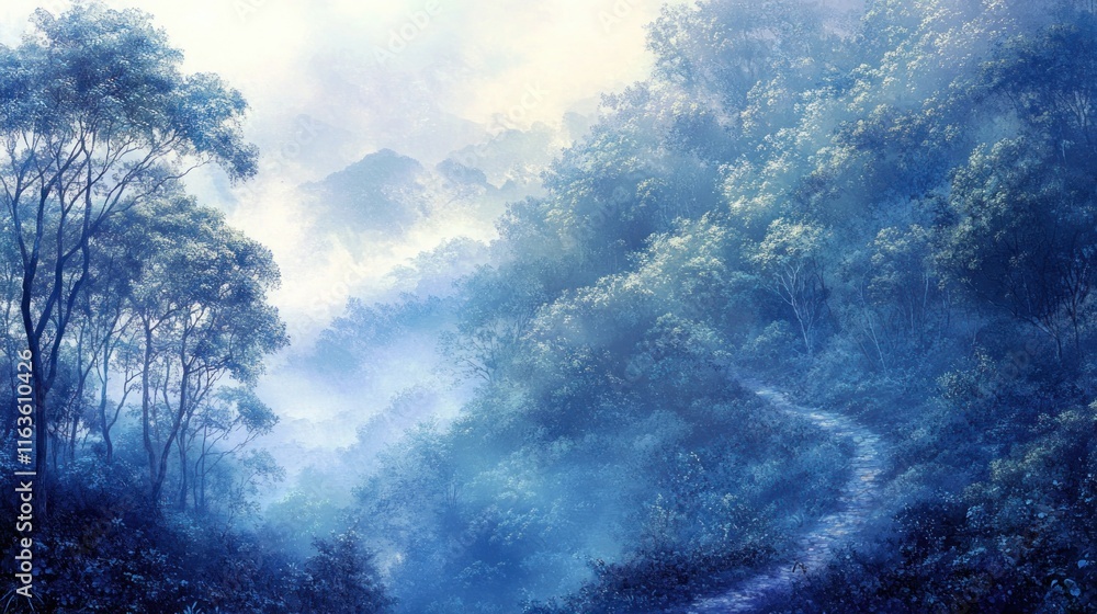 Poster misty blue forest path winding through dense trees and mountains.
