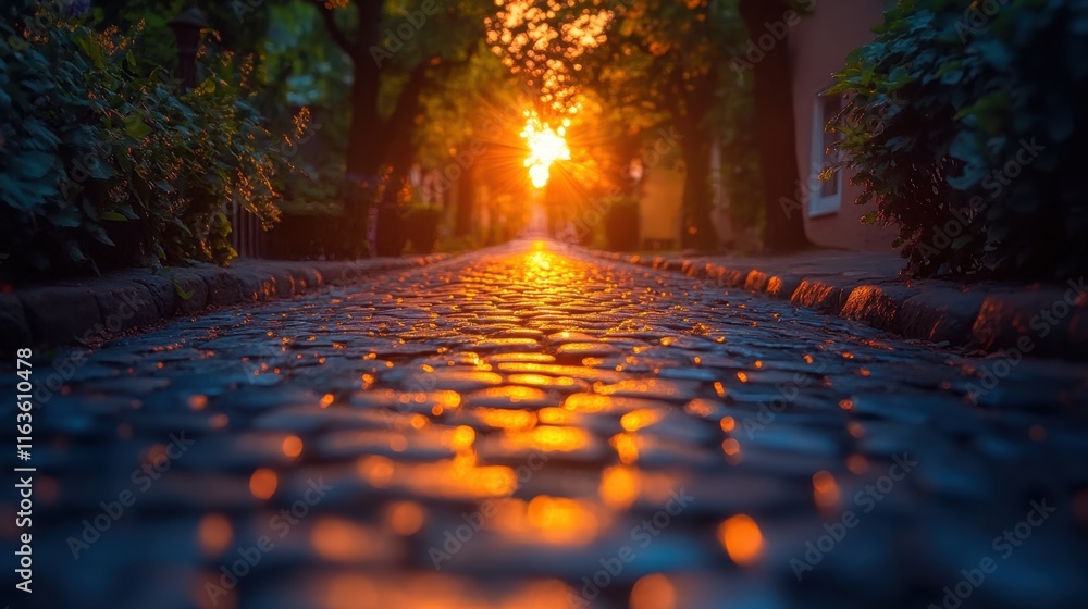 Poster sunset glow illuminates cobblestone path lined with lush greenery in a tranquil urban setting