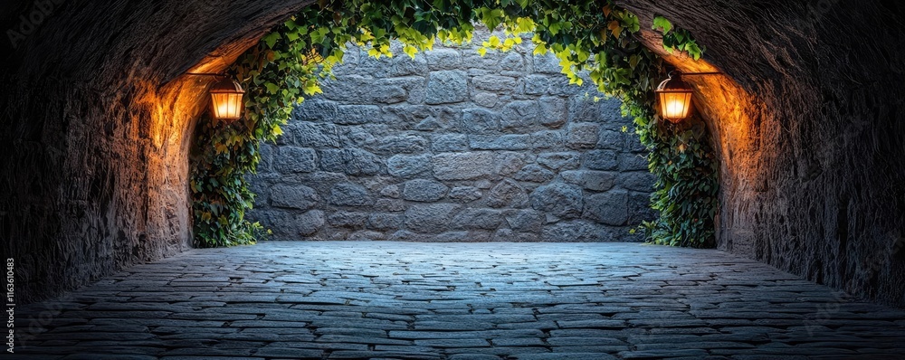 Poster mystical serene idea. a serene stone archway illuminated with soft lantern light and covered in gree
