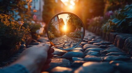 Beautiful sunset captured through a magnifying glass revealing a charming cobblestone pathway and vibrant garden