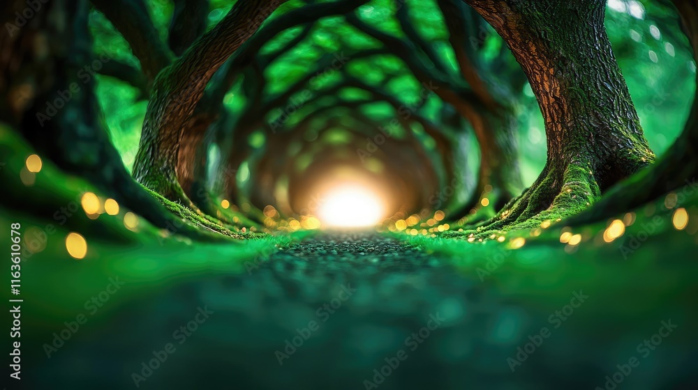 Poster mystical trees concept. a serene path through enchanting trees with soft light shining at the end.