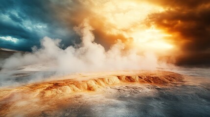 Vibrant geothermal landscape, dynamic geysers and steaming vents, colorful mineral deposits create a stunning natural spectacle.