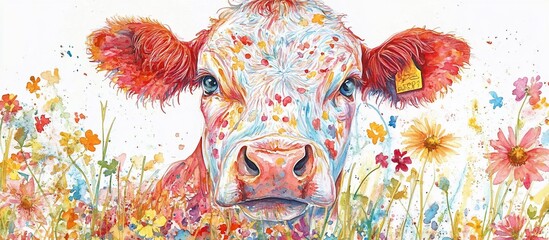 Fototapeta premium Colorful cow surrounded by flowers.