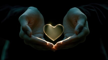 Fototapeta premium Hands gently holding a glowing heart symbol against a dark background