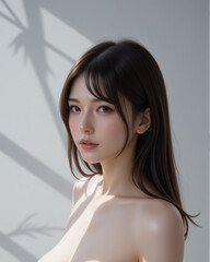 Fototapeta premium Young Female Model - Beautiful Woman with Perfect Features - Perfect Smooth Skin and Dark Brown Long Hair - Brown Eyes. Plump Lips, Attractive Body - Fashion, Cosmetics, Profile Portrait