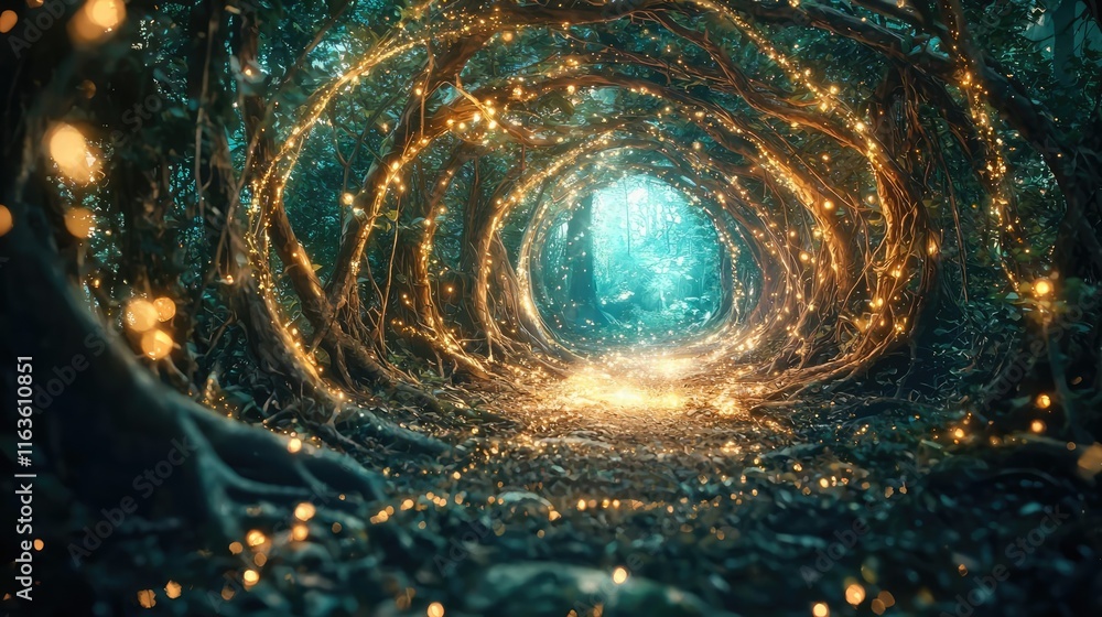 Poster mystical biodiversity idea. a mystical path illuminated by soft glowing lights in a forest setting.