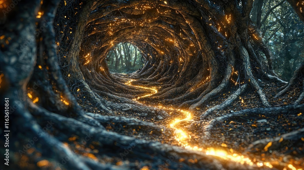 Poster mystical biodiversity idea. a mystical forest tunnel illuminated by glowing paths through twisted tr