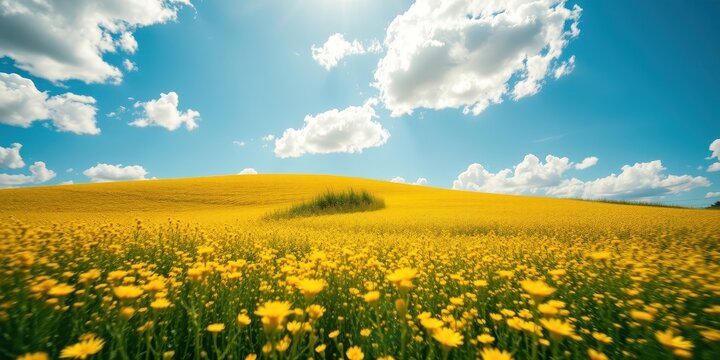 Serene landscape of a sun-drenched yellow flower field gently rolling under a vibrant blue sky dotted with fluffy white clouds
