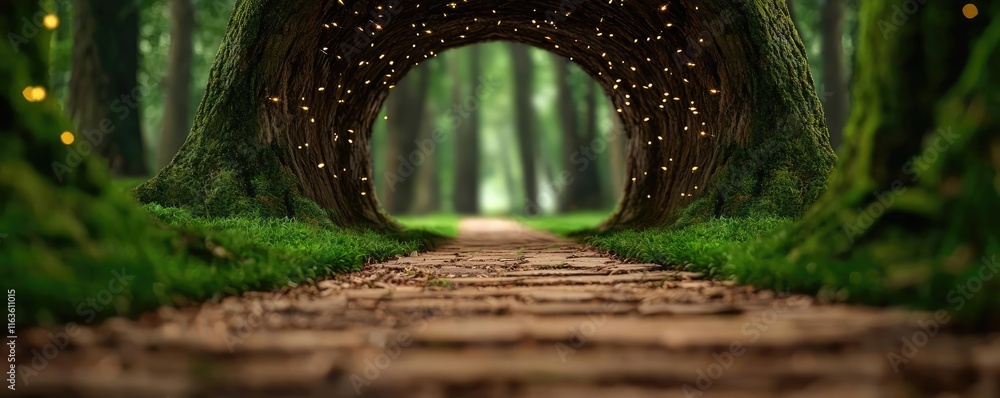 Poster mystical trees concept. magical forest path illuminated by soft glow, inviting exploration through e